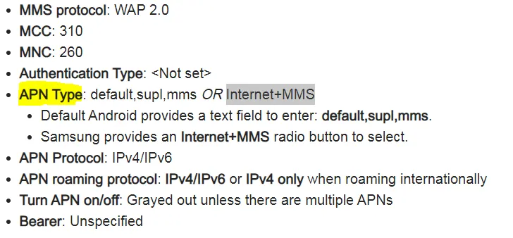 APN Type for Tmobile