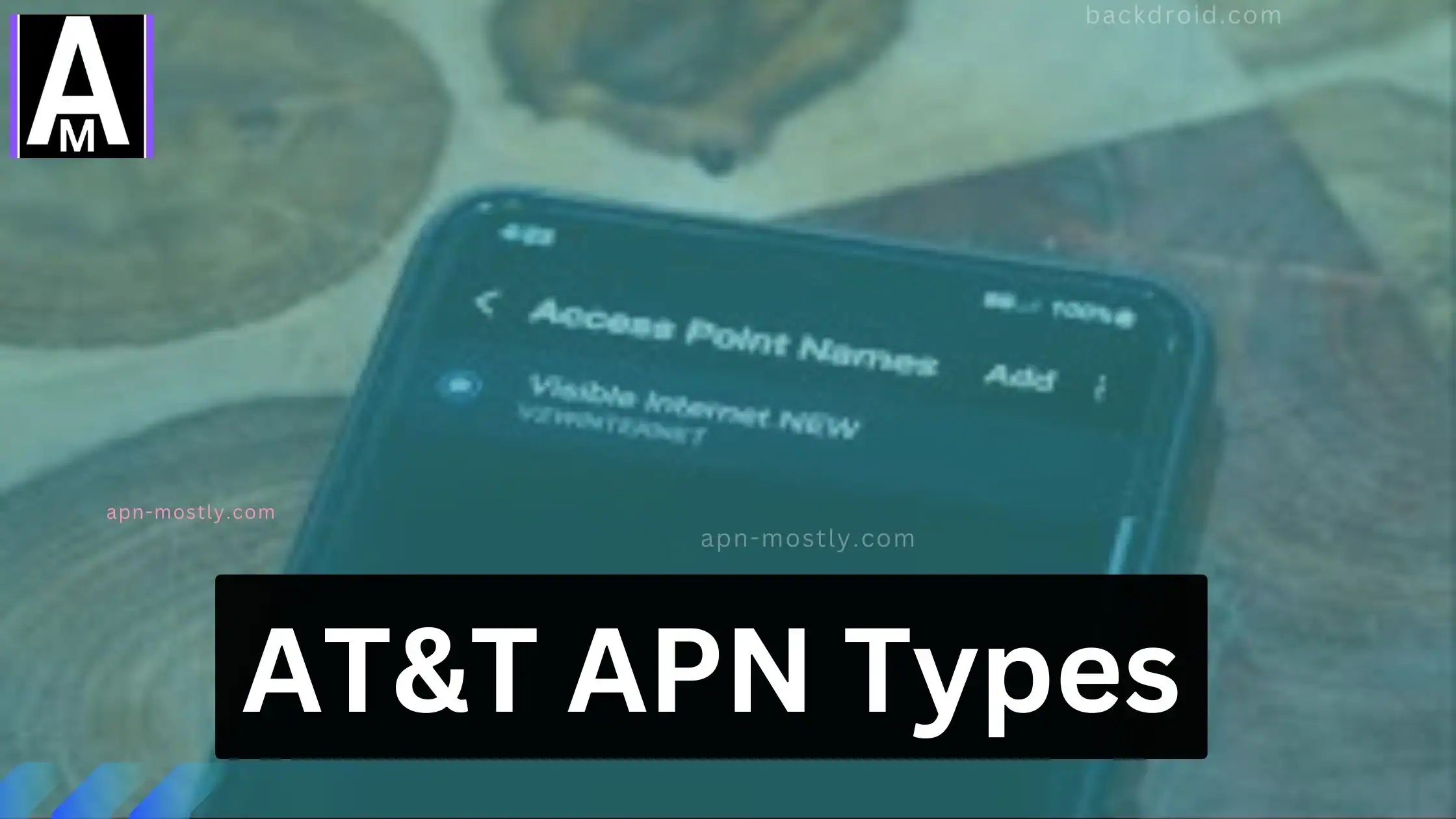 access point names opened in the background with the overlay text of AT&T APN Types
