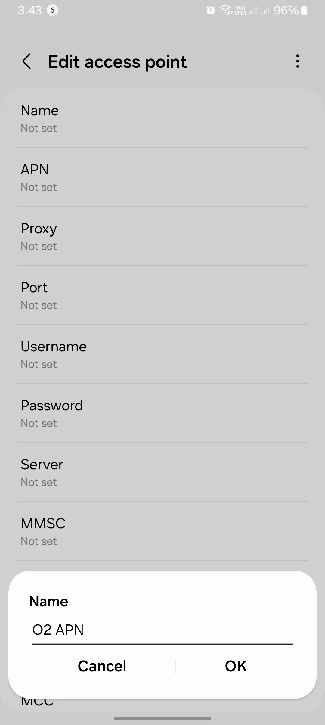 screenshot of naming the apn settings for the o2