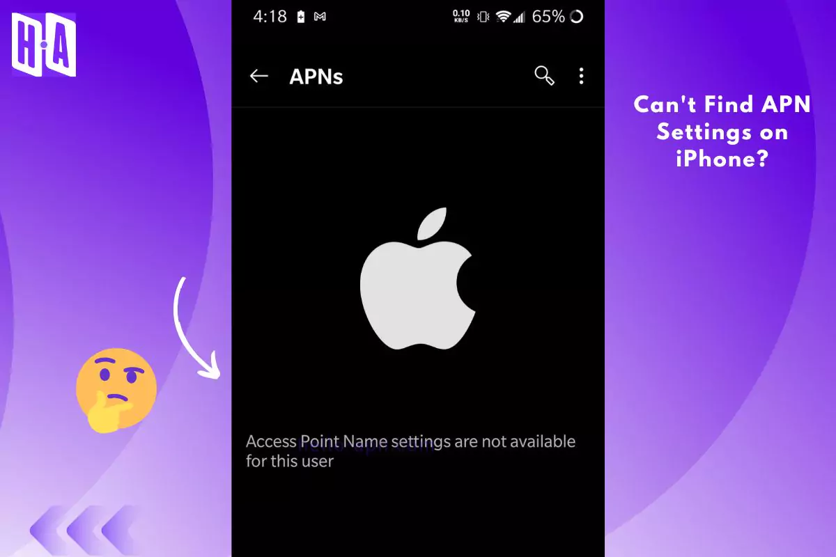 A screen displaying an error message: 'Access Point Name settings are not available for this user' on iPhone, with a question emoji symbolizing confusion and troubleshooting tips.