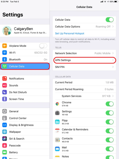 Screenshot showing the steps to locate APN settings on an iPhone under 'Cellular Data' in the Settings app, highlighting the 'APN Settings' option for configuration.