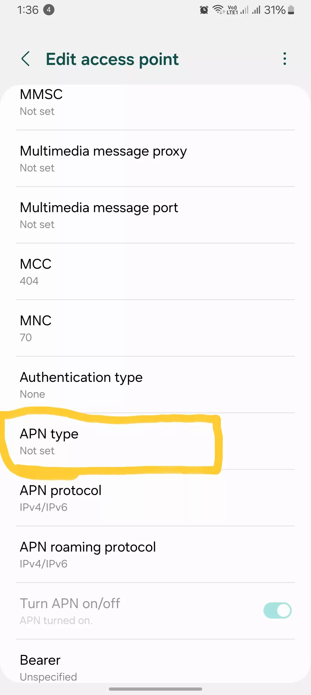 screenshot of apn type shown