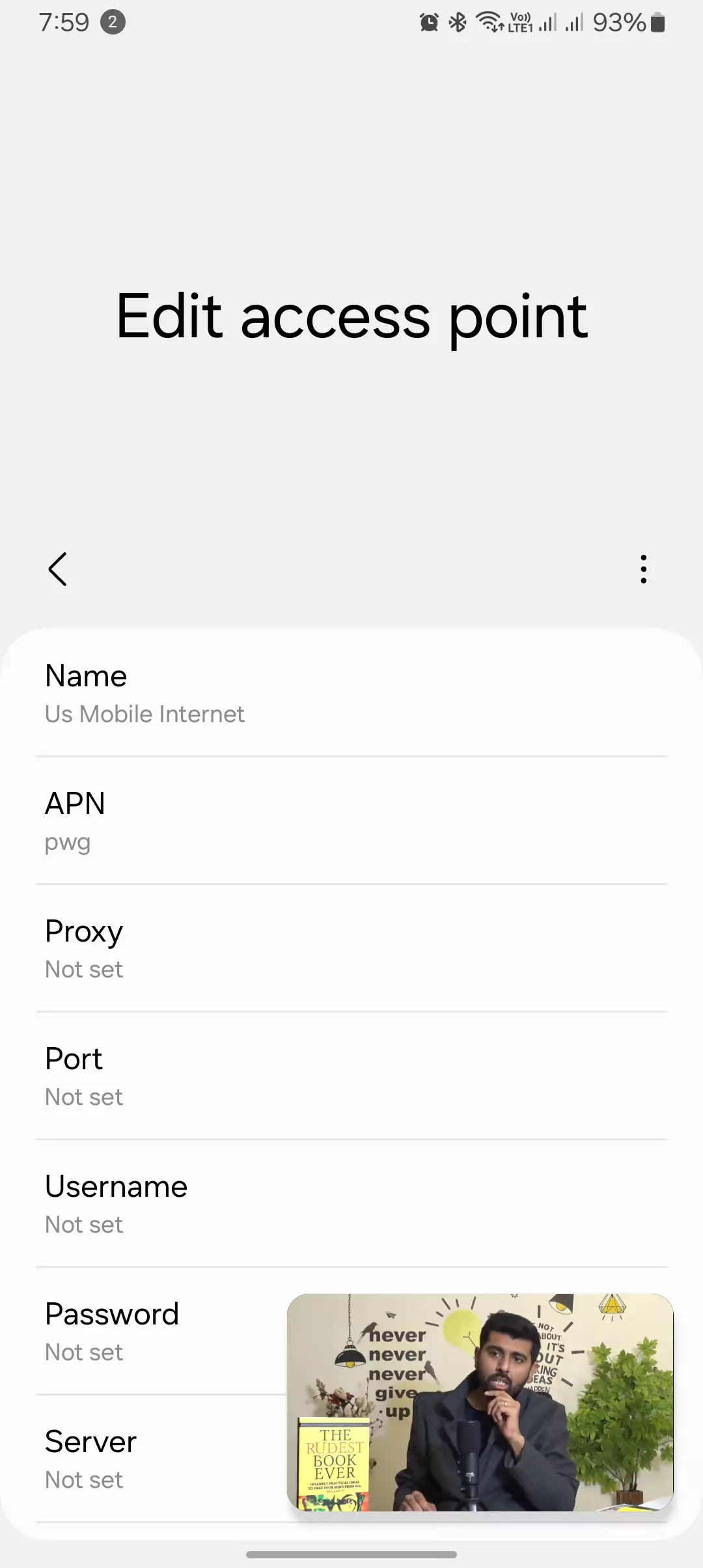 screenshot of editing the us mobile interne configurations