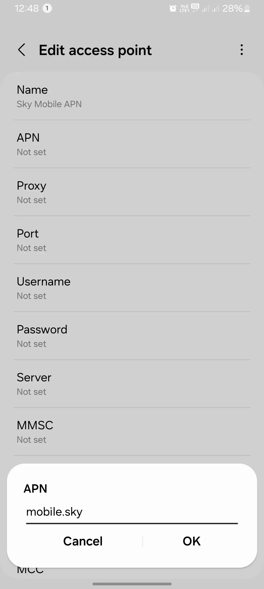 screenshot of adding the apn value into the sky mobile