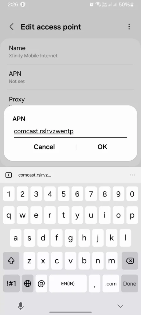 screenshot of adding the apn value into the xfinity apn