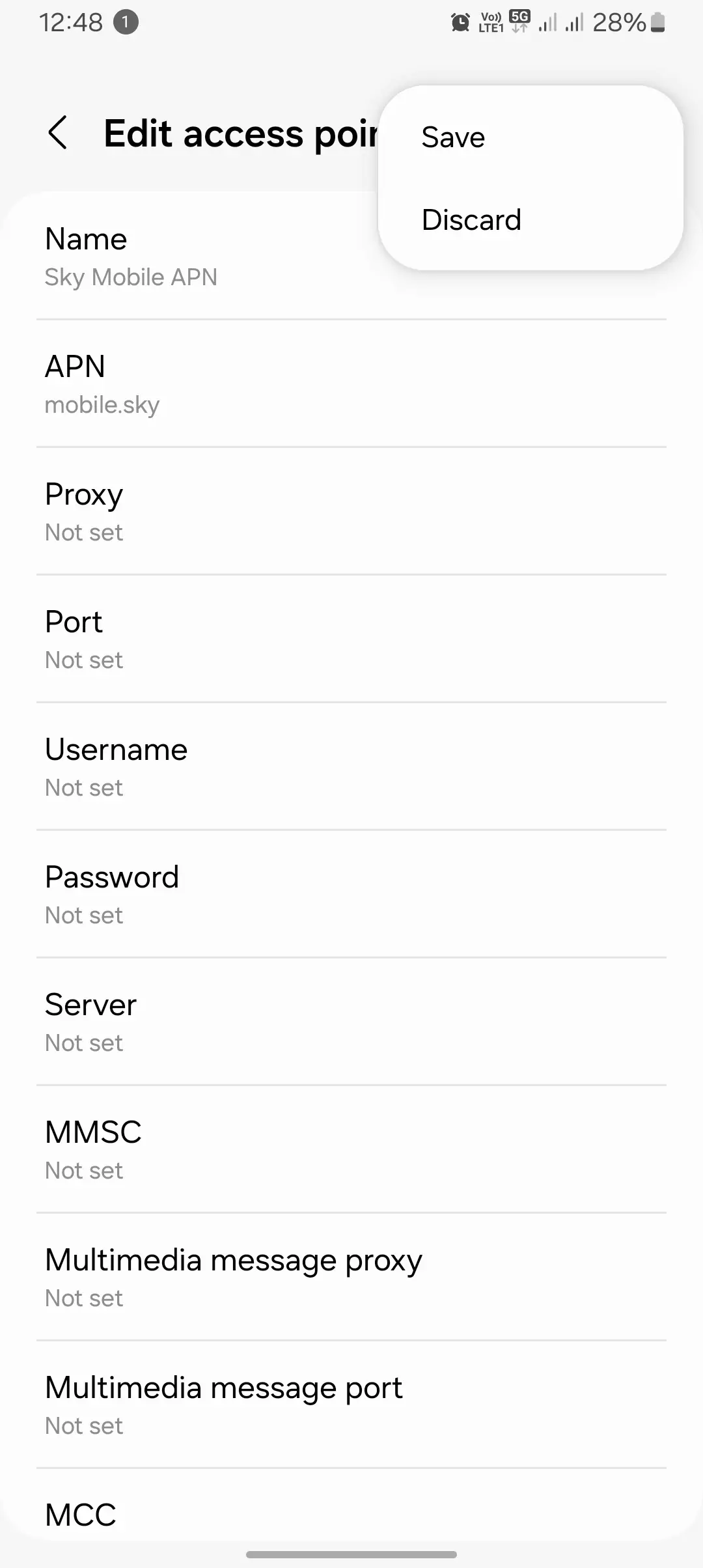 screenshot of configured apn for sky mobile with save and discard buttons