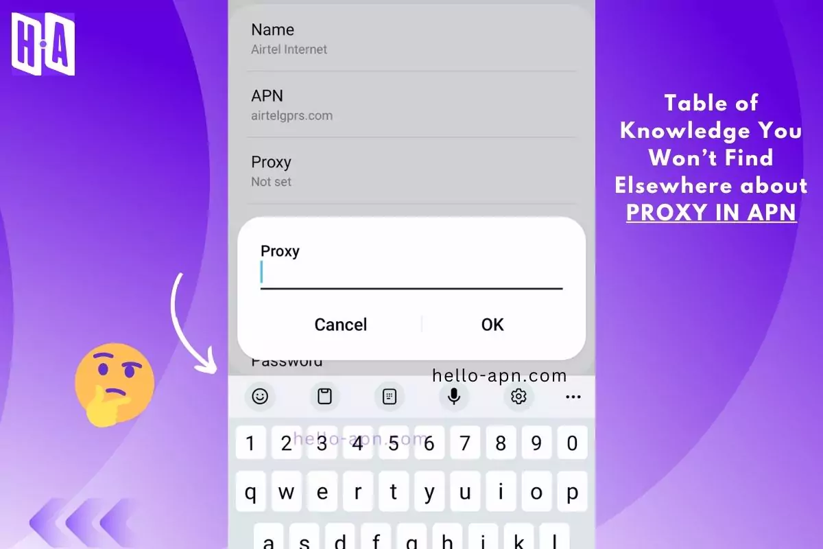 Screenshot of the 'Edit Access Point' settings with the proxy field visible, accompanied by overlay text, 'Table of Knowledge You Won’t Find Elsewhere about PROXY IN APN,' and a thoughtful emoji illustration.