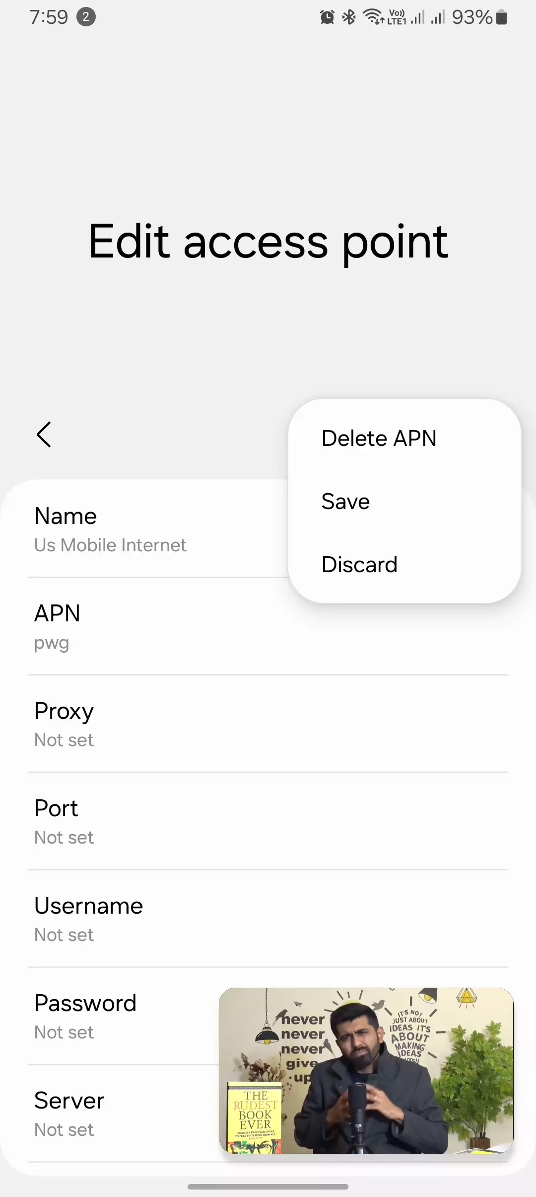 screenshot of edit access point names with delete apn save and discard apn