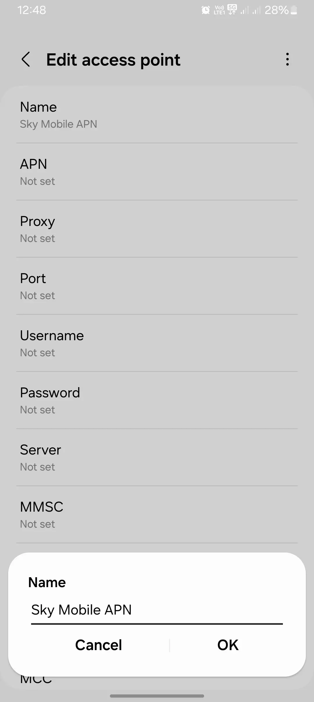 screenshot of naming the APN for the sky mobile telecom