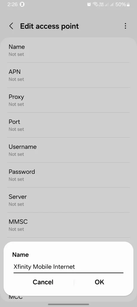 screenshot of naming the xifinity mobile internet