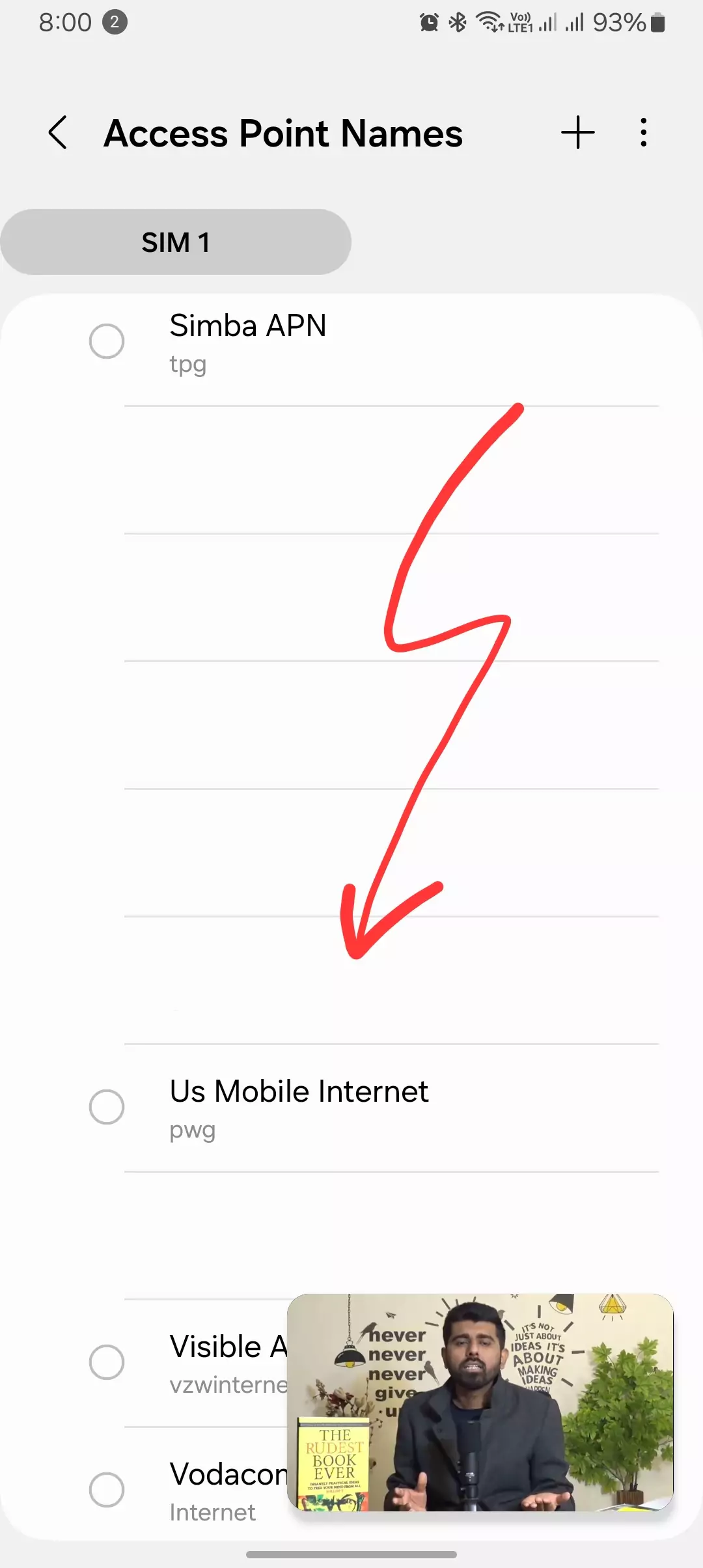 screenshot of the access point names us mobile internet