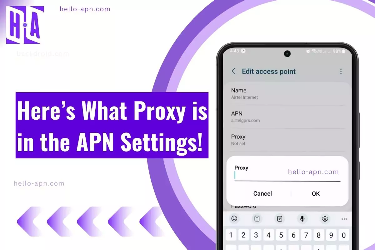 Screenshot of the APN settings menu on a smartphone with 'Proxy' highlighted and an overlay text reading, 'Here’s What Proxy is in the APN Settings!' from hello-apn.com.