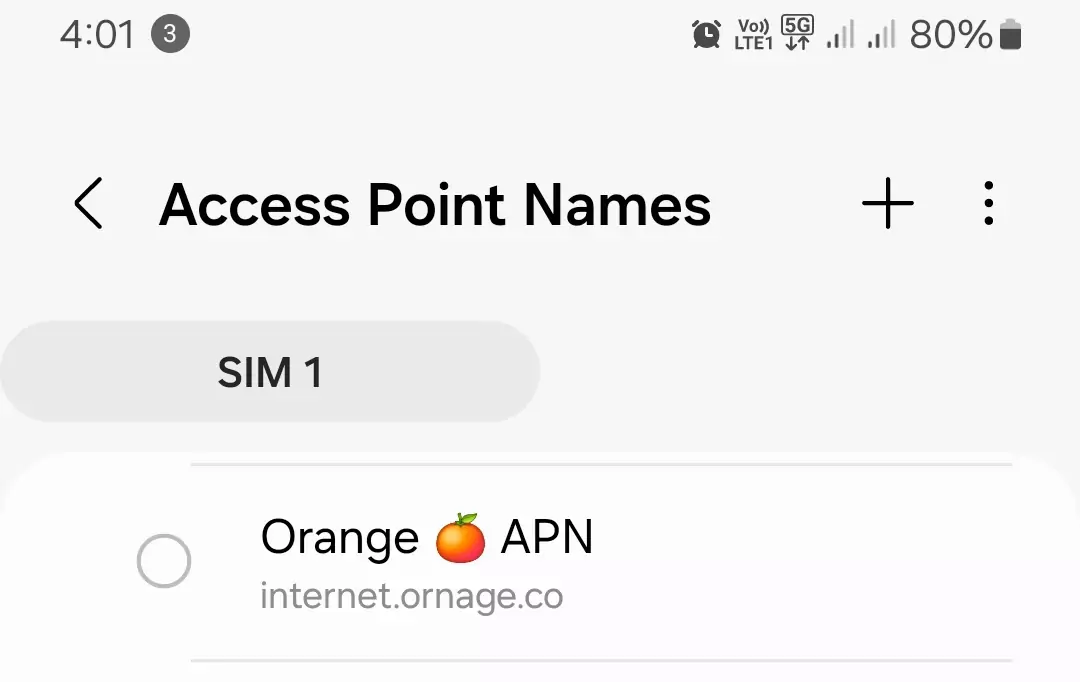 cropped screenshot of samsung phone with orange apn and 5g showing