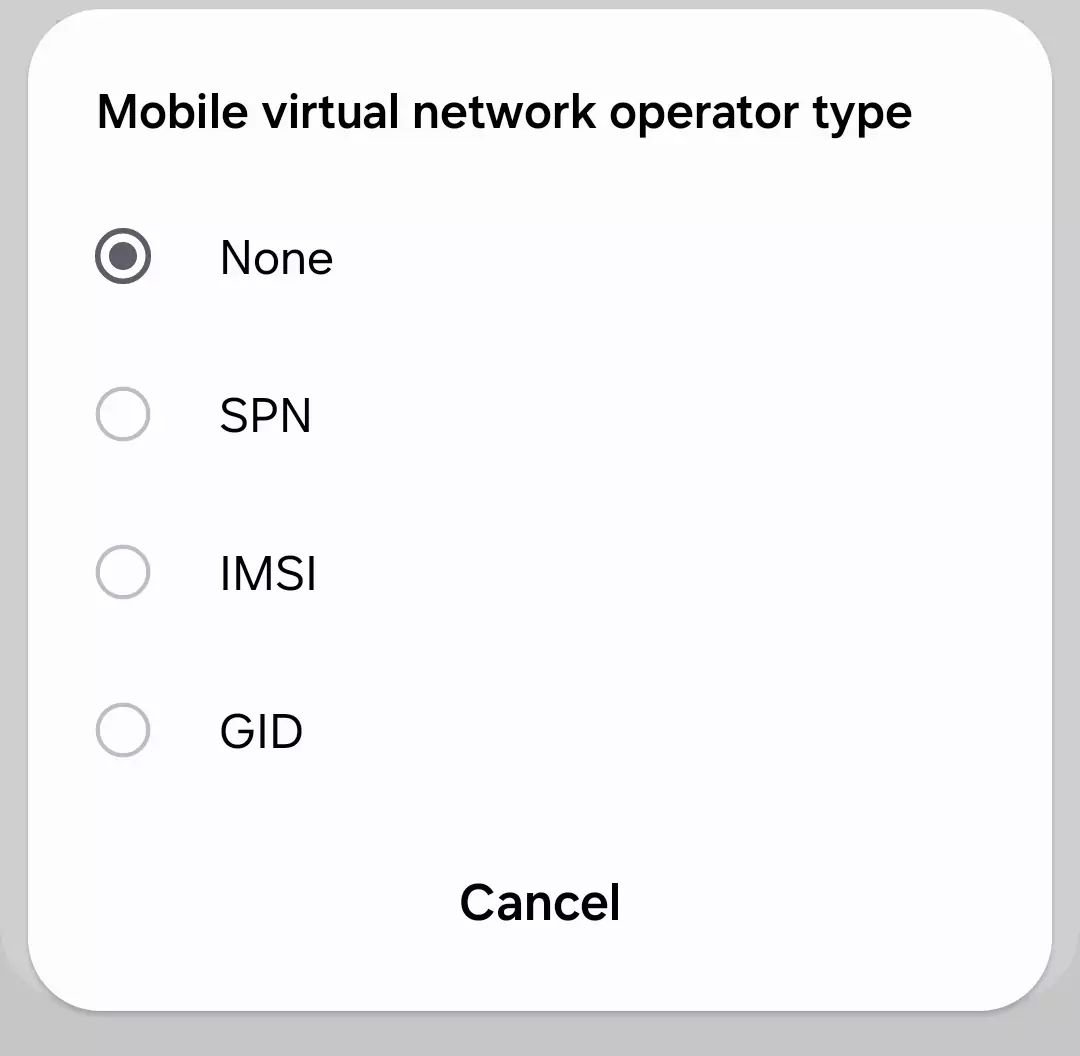 mobile virtual network operator type with its 4 selection type