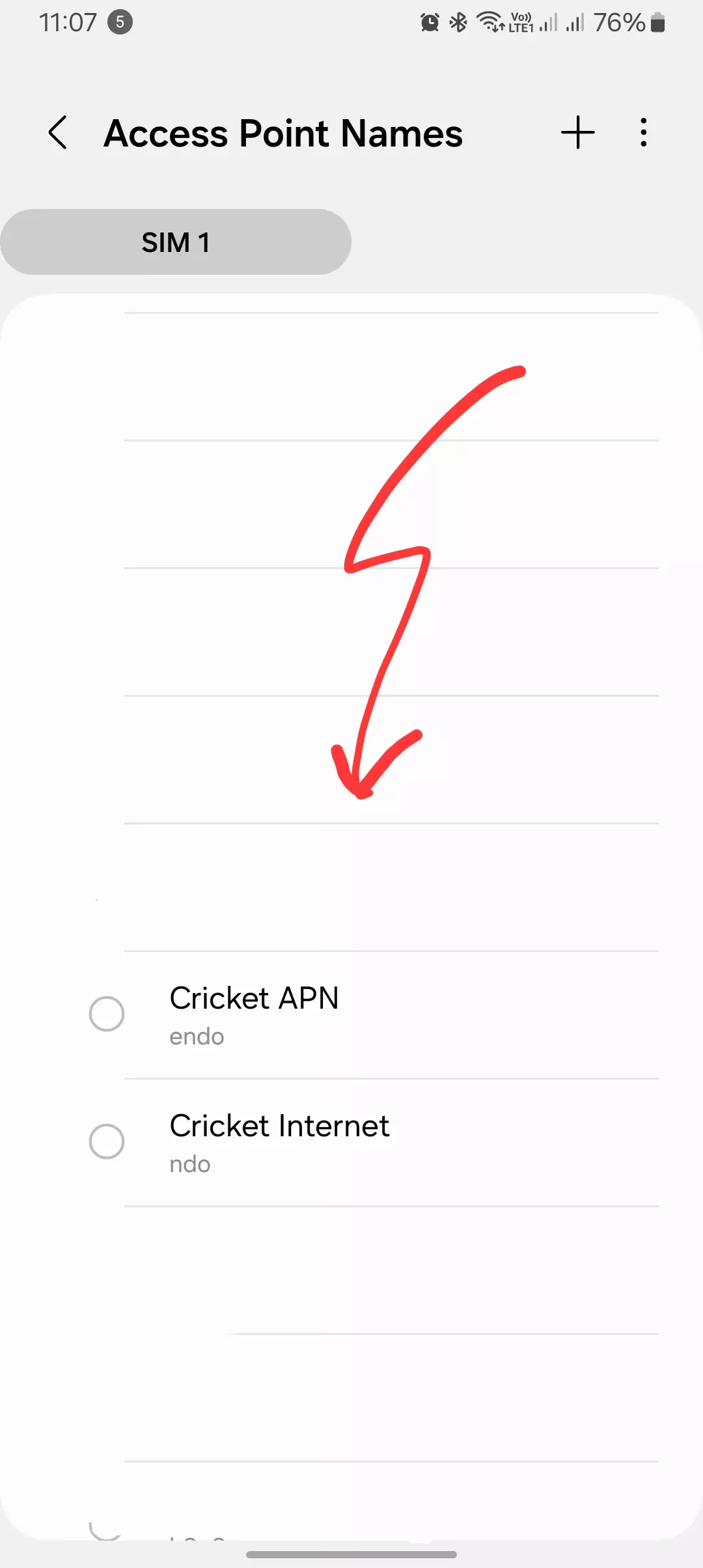 screenshot from android of access point names with cricket apn