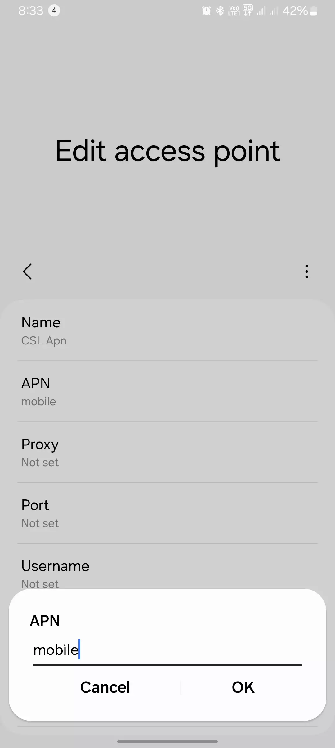 screenshot of adding the apn value for csl