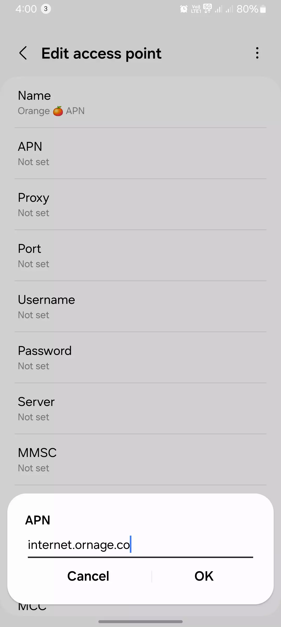 screenshot of adding the apn value from the edit access point name for orange