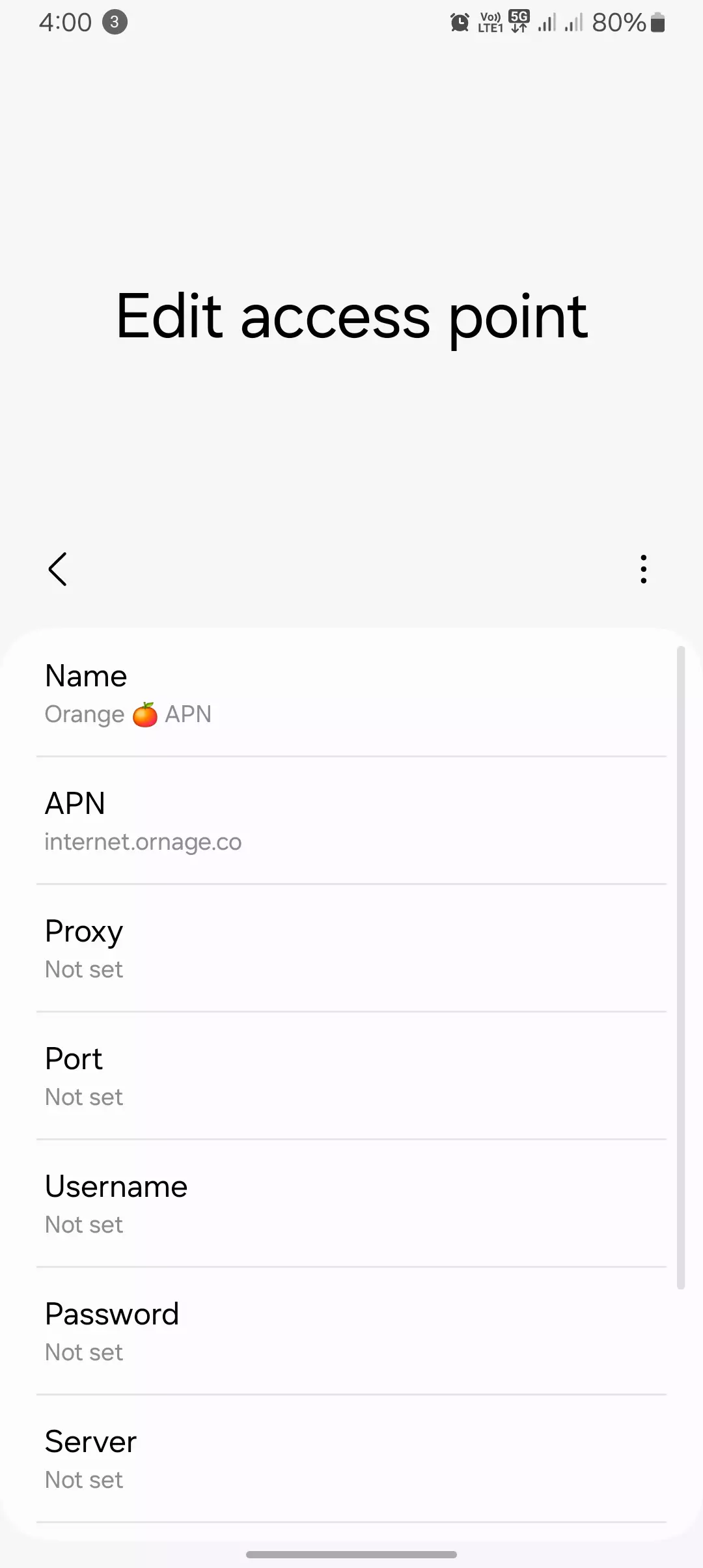 screenshot of android of editing access point orange apn