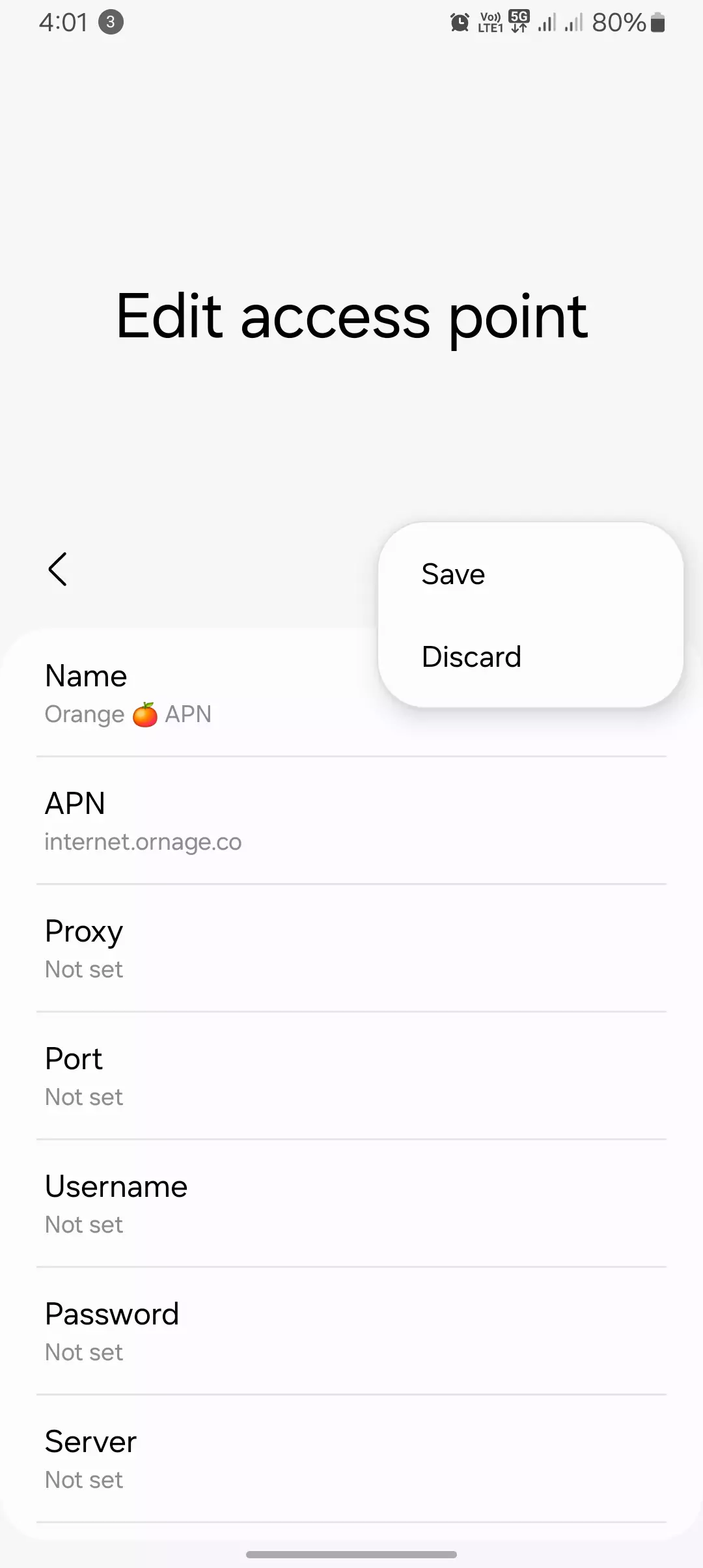 screenshot of completely setup apn for orange with save and discard buttons