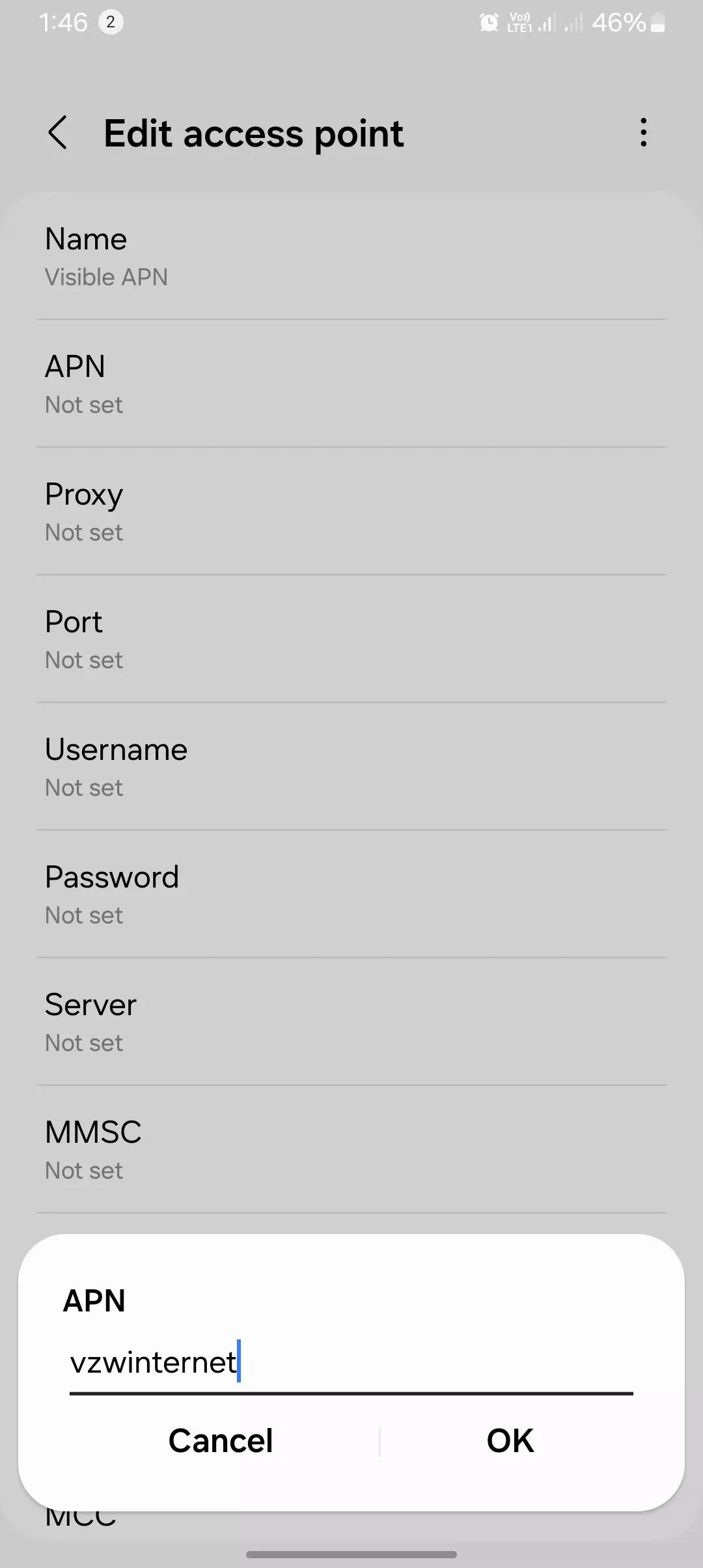 screenshot of edit access point with adding the apn value into the visible