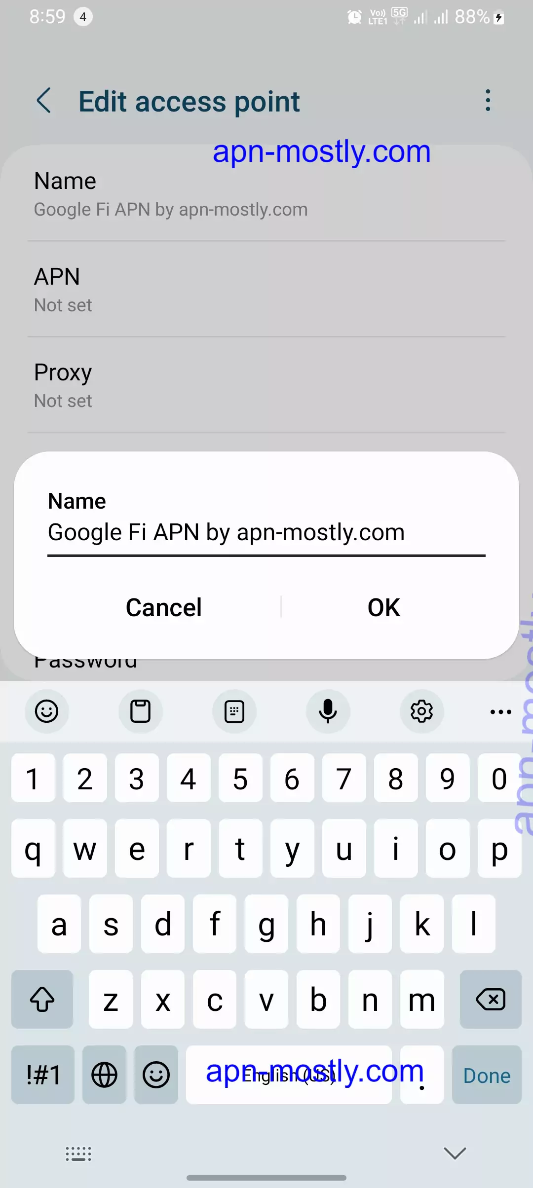 screenshot of naming google fi apn on android screenshot