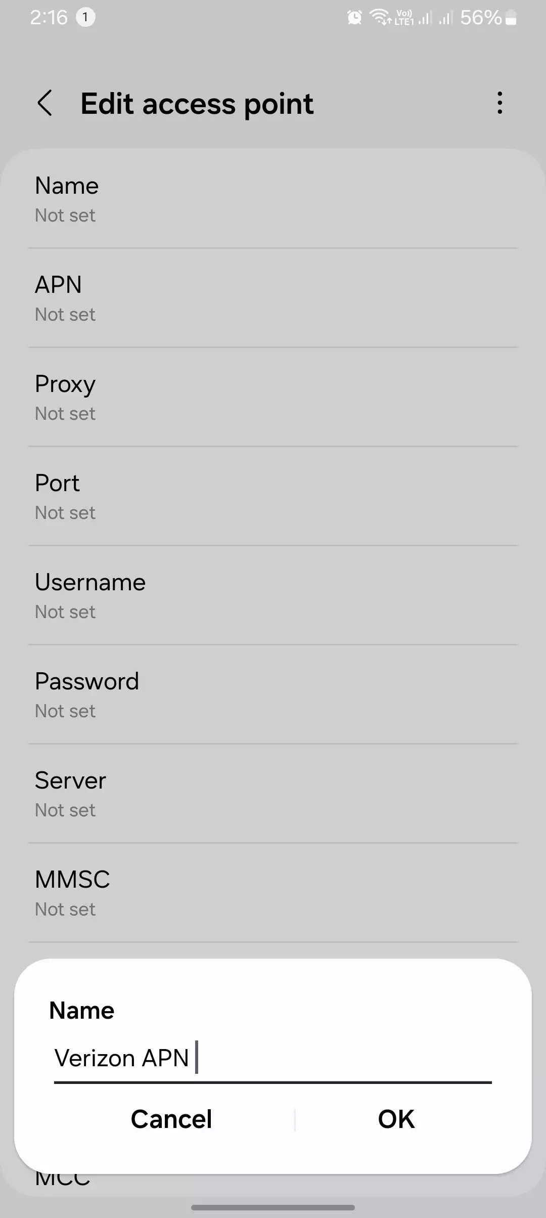 screenshot of naming the apn for the verizon