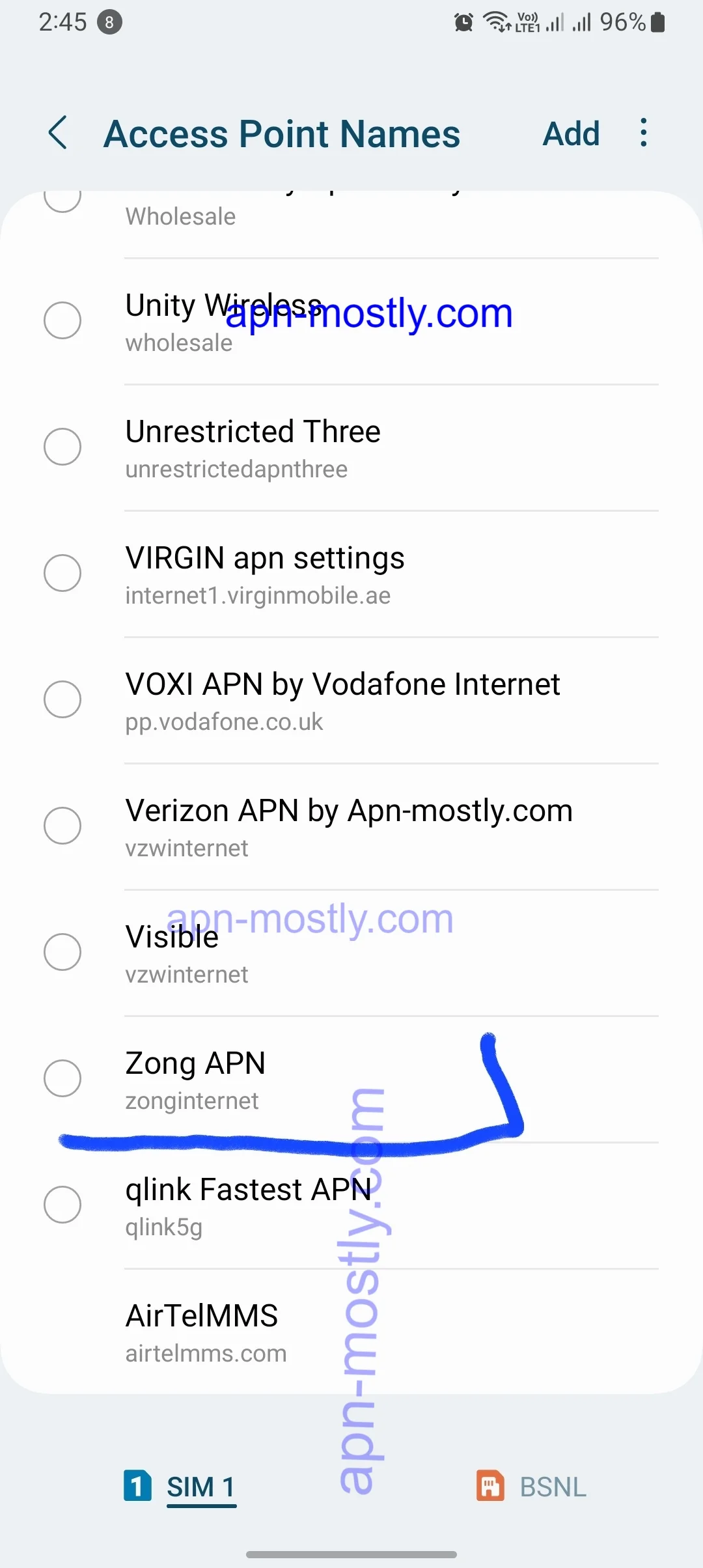 screenshot of selected zong apn with blue highlight