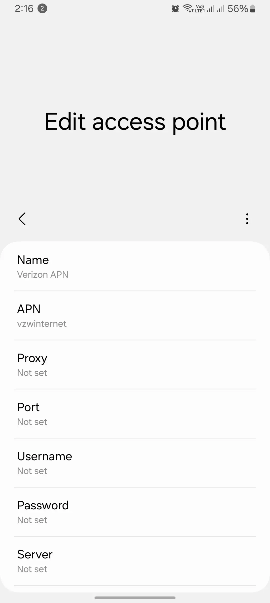 screenshot of the edit access point menu for the verizon