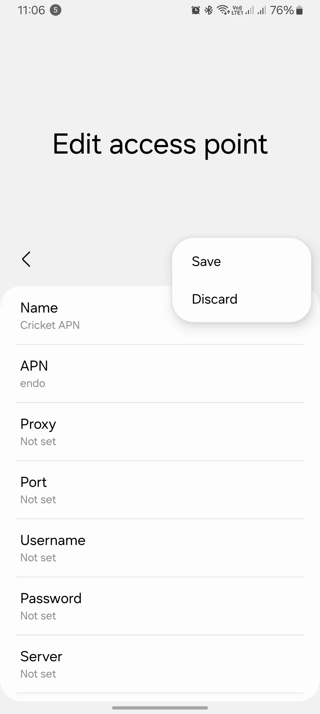 screenshot of the edit access point names with save and discard cricket apn