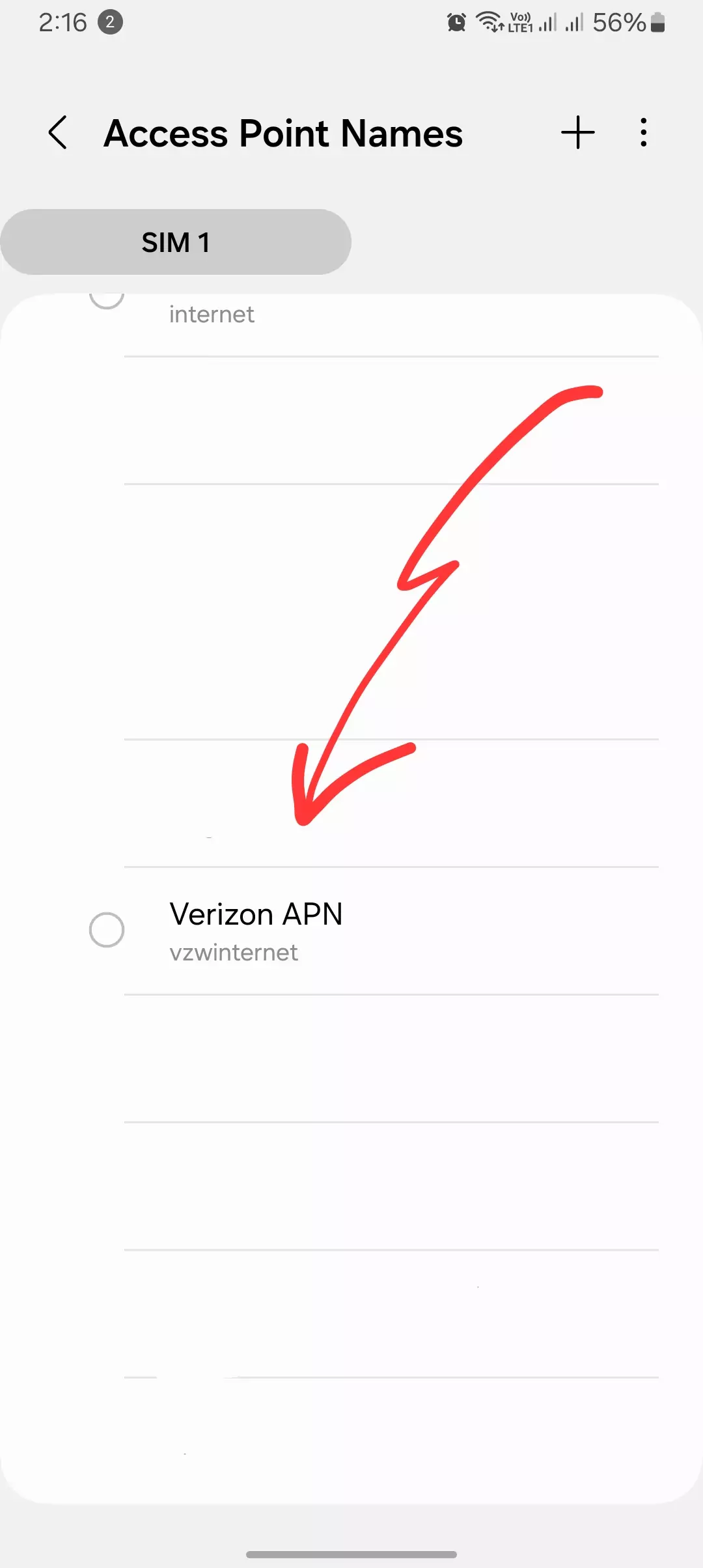 screenshot of the verizon apn from android access point name settings menu