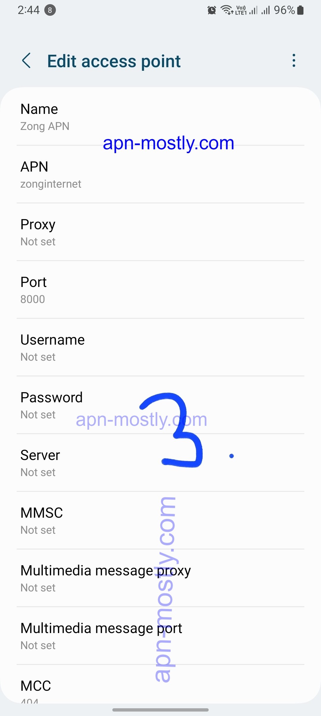 screenshot of third zong apn settings
