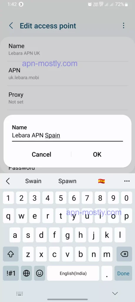 spain lebara screenshot access point name