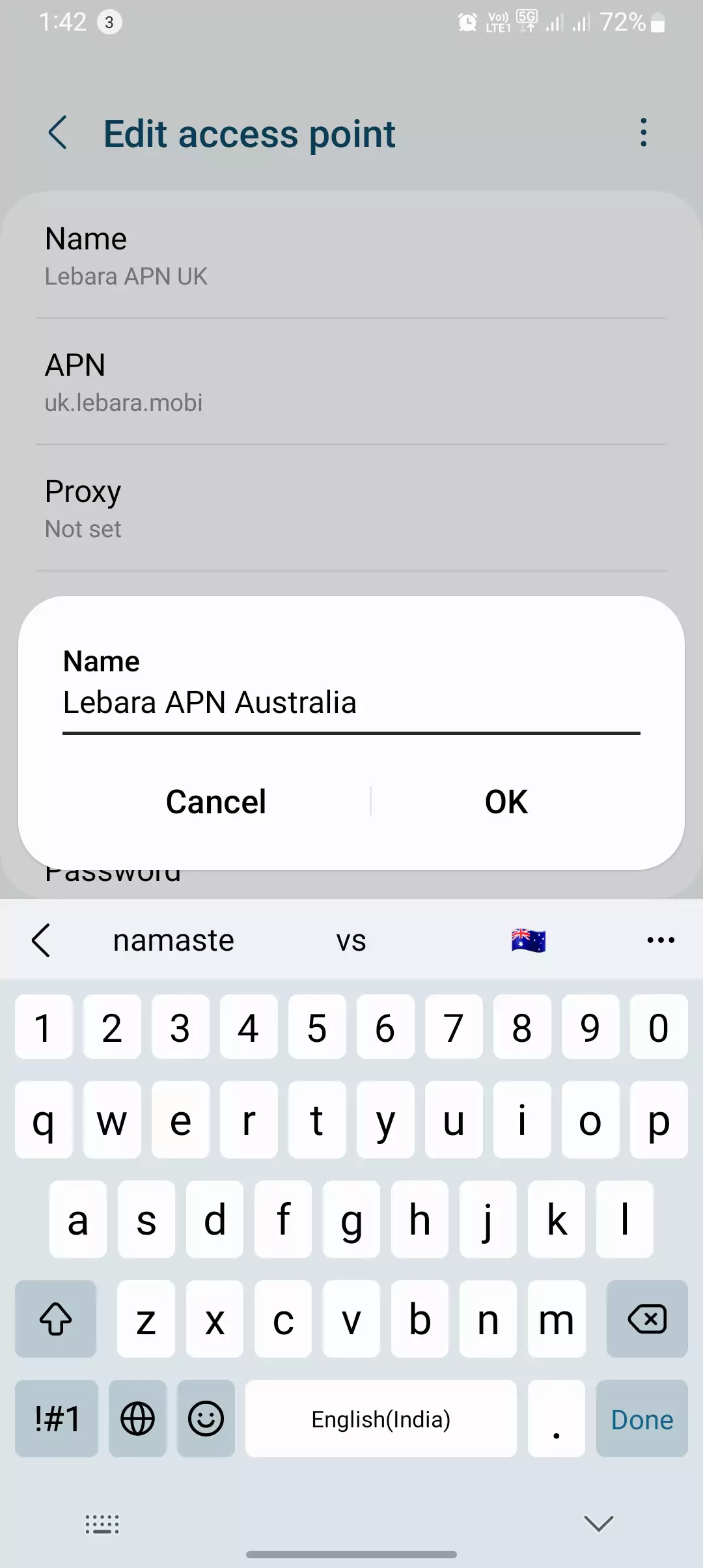 screenshot of lebara apn australia