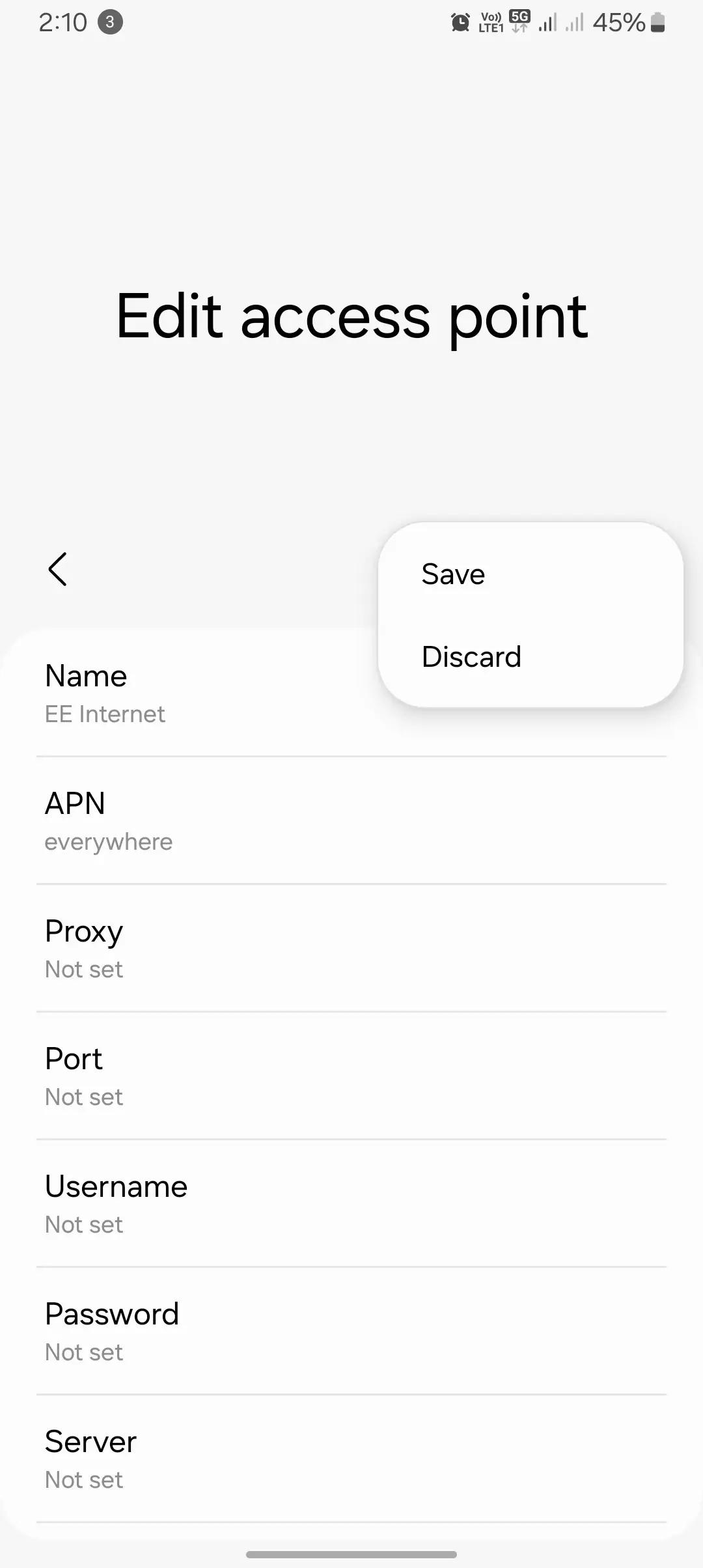 screenshot of EE internet apn with save and discard buttons showing