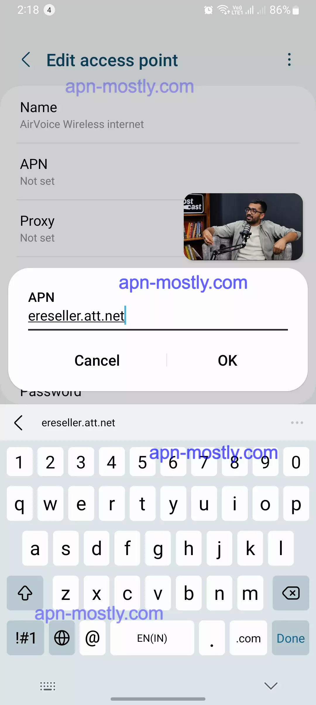 screenshot of apn for airvoice