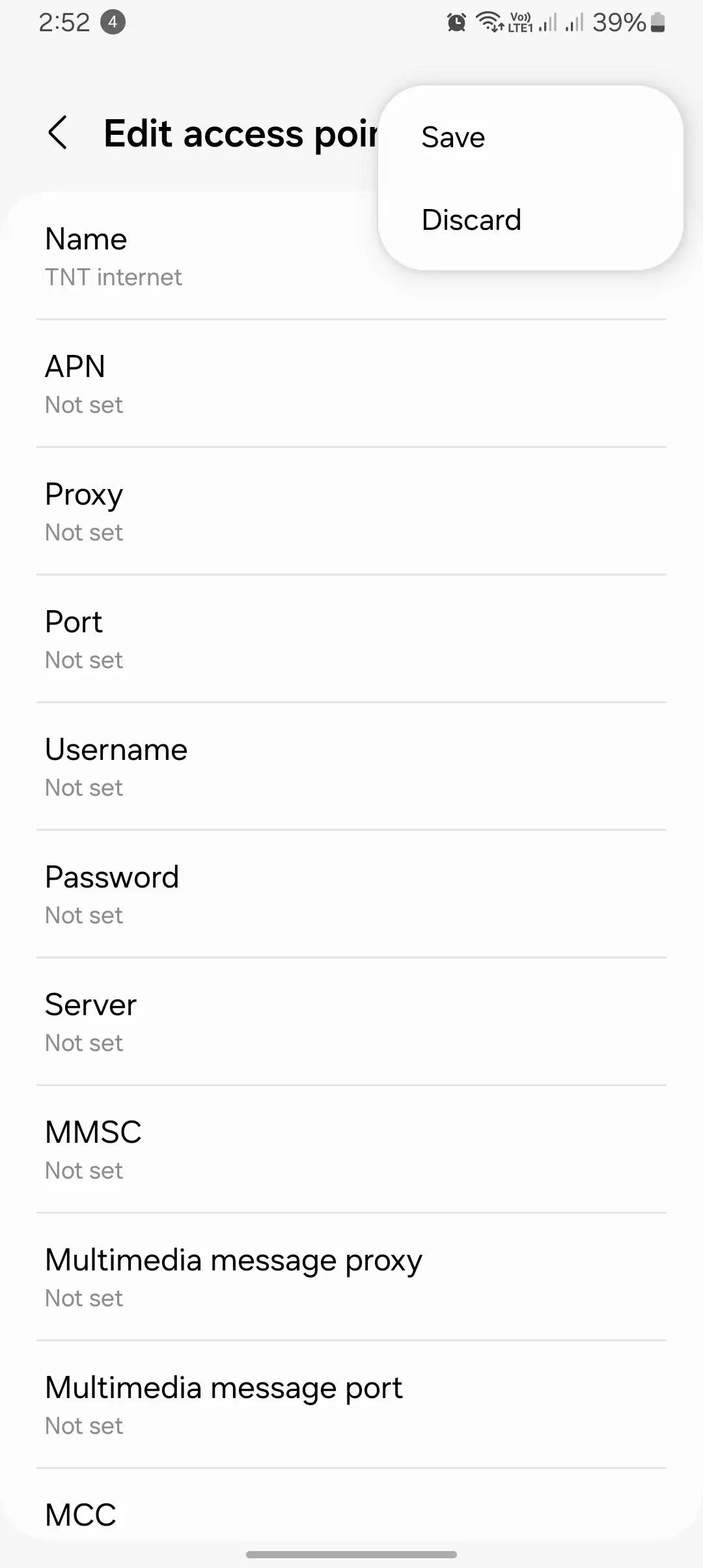 screenshot of edit access point for TNT internet with save and discard