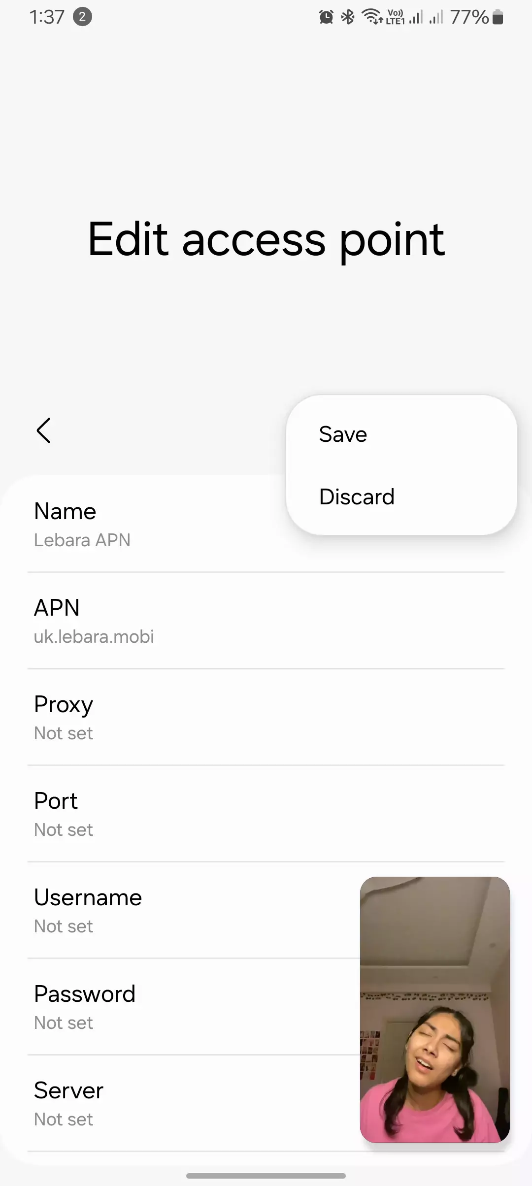 screenshot of edit access point menu with save and discard button for the lebara apn