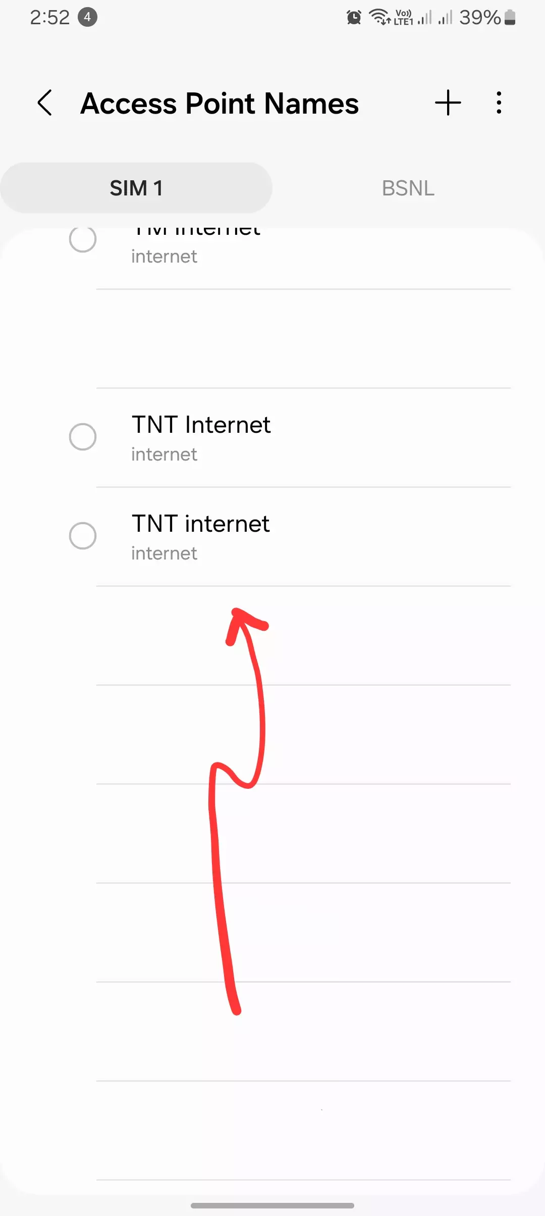 screenshot of the access point names for sim 1 TNT internet