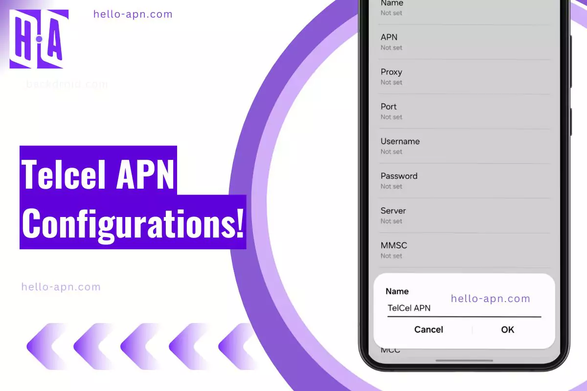 screenshot of configuring the telcel apn with same overlay text