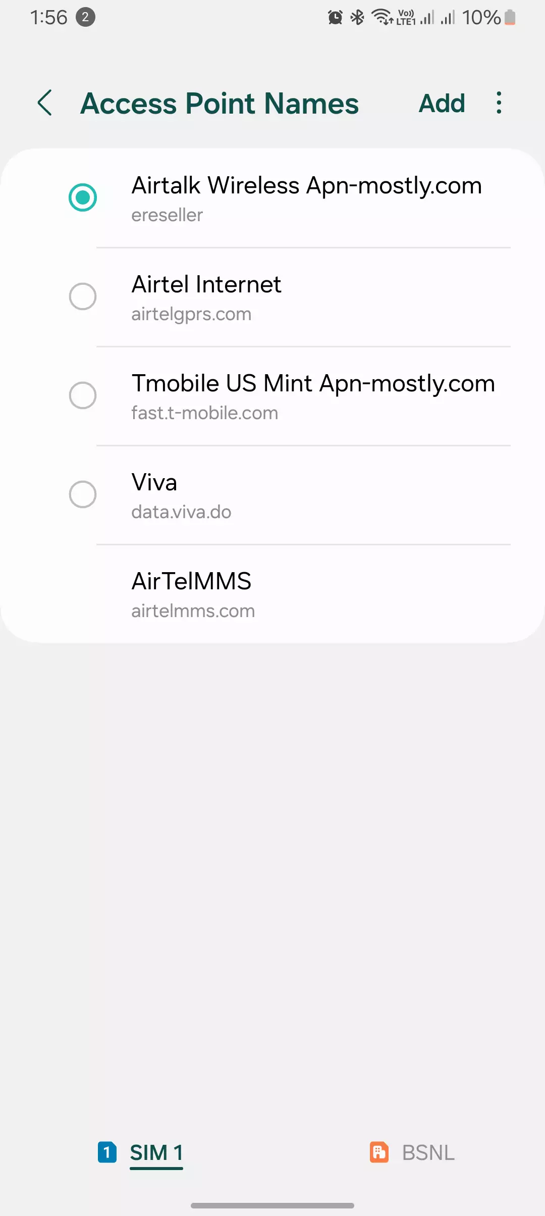 screenshot of airtalk wireless apn settings selected from the Menu mobile network