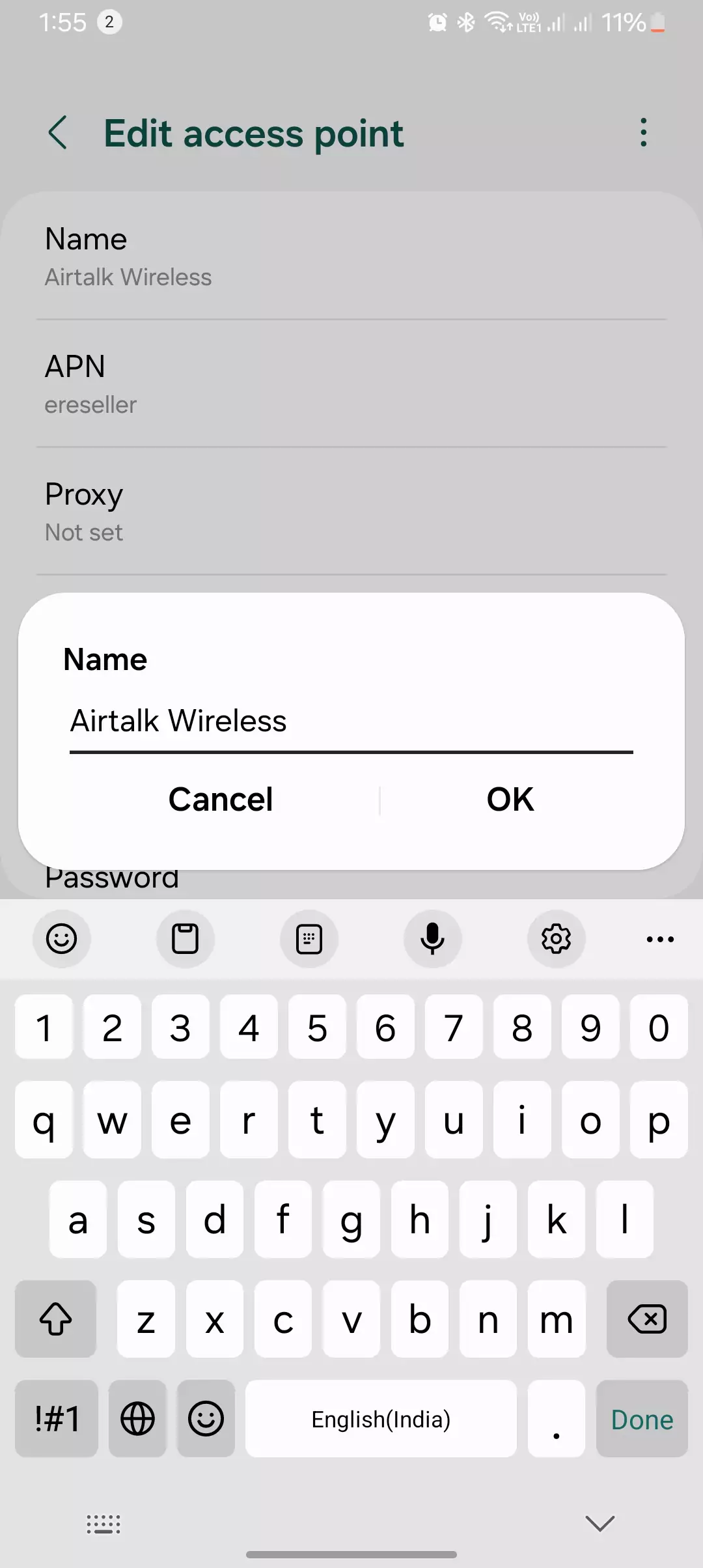 screenshot of naming the airtalk wireless apn