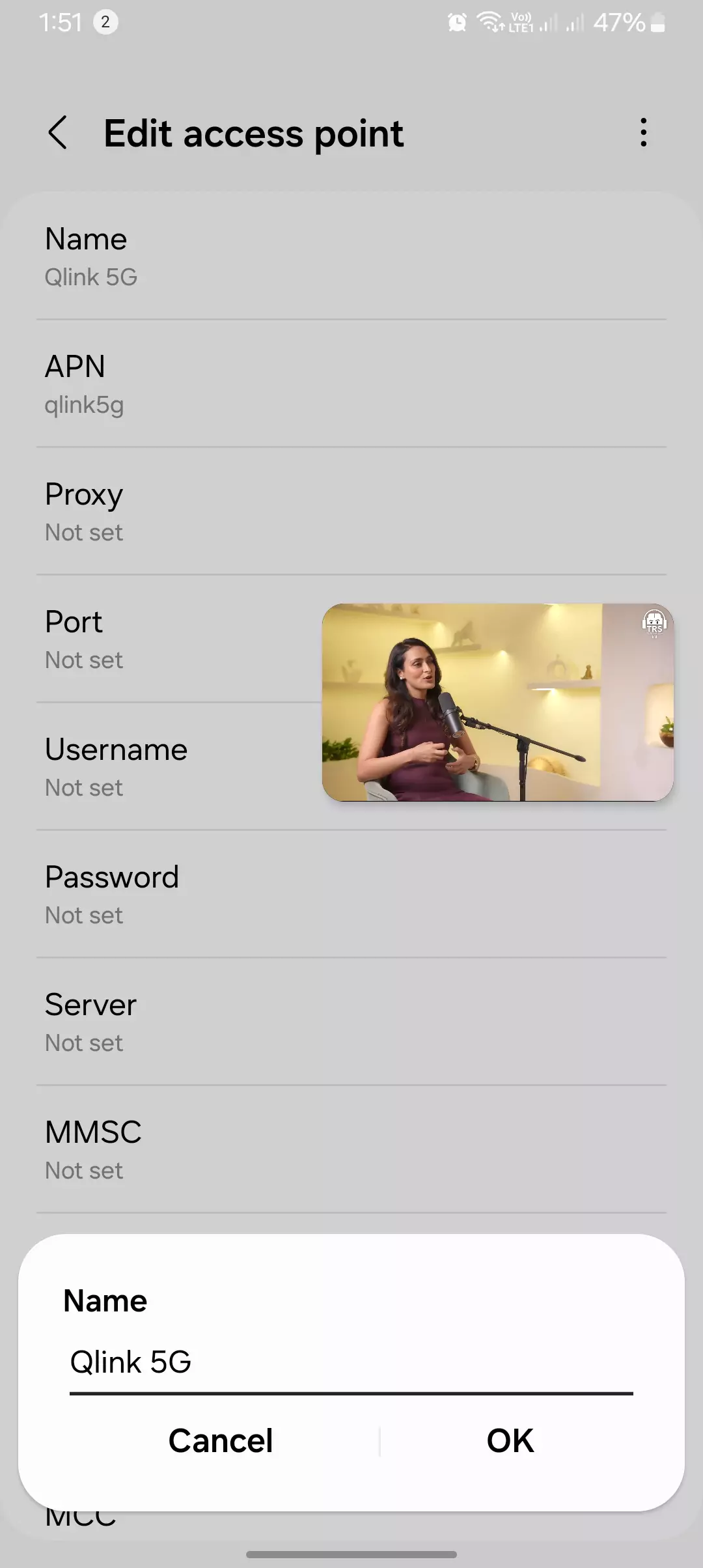 screenshot of android of edit access point settings with naming qlink