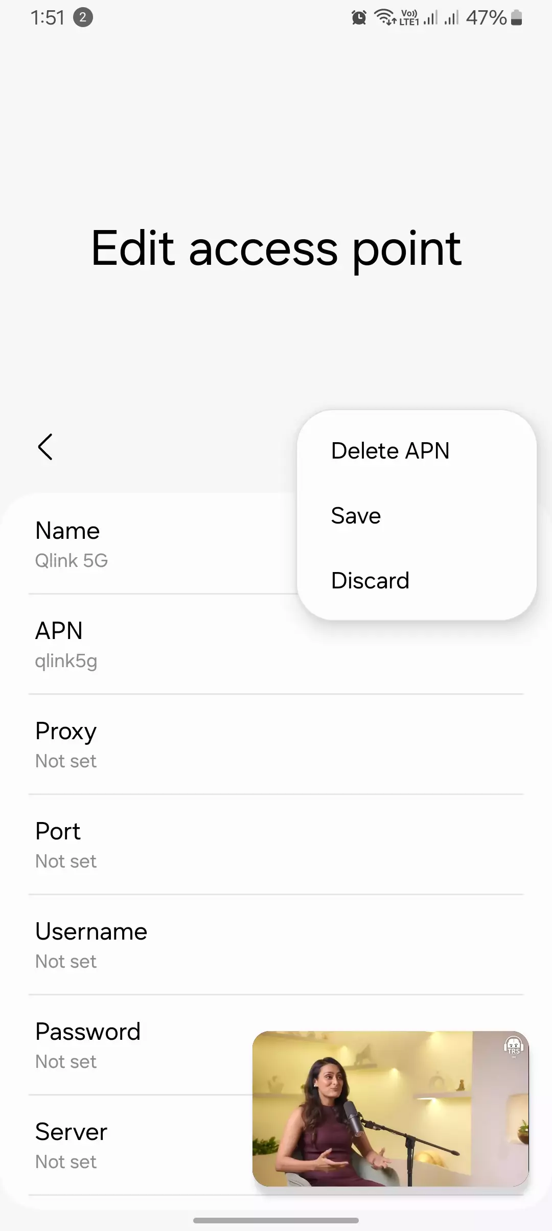 screenshot of delete apn, save and discard apn for qlink from settings