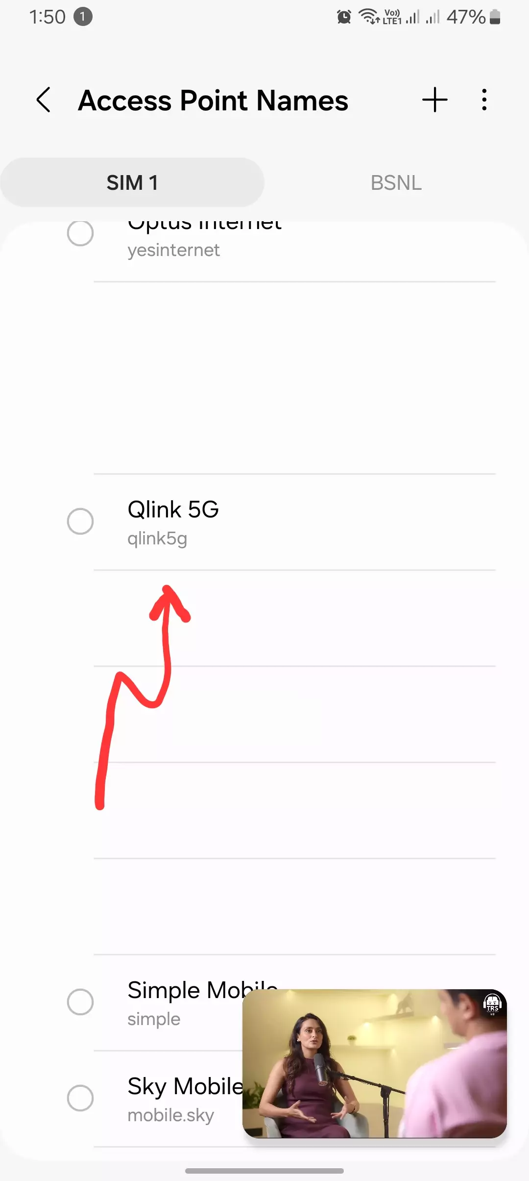 screenshot of qlink 5g apn from the access point names android