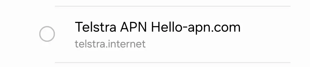 cropped screenshot of the telstra apn hello apn