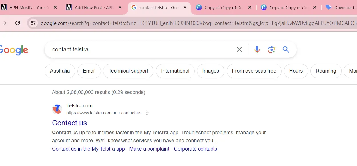 contact us page searched from the google.com for telstra