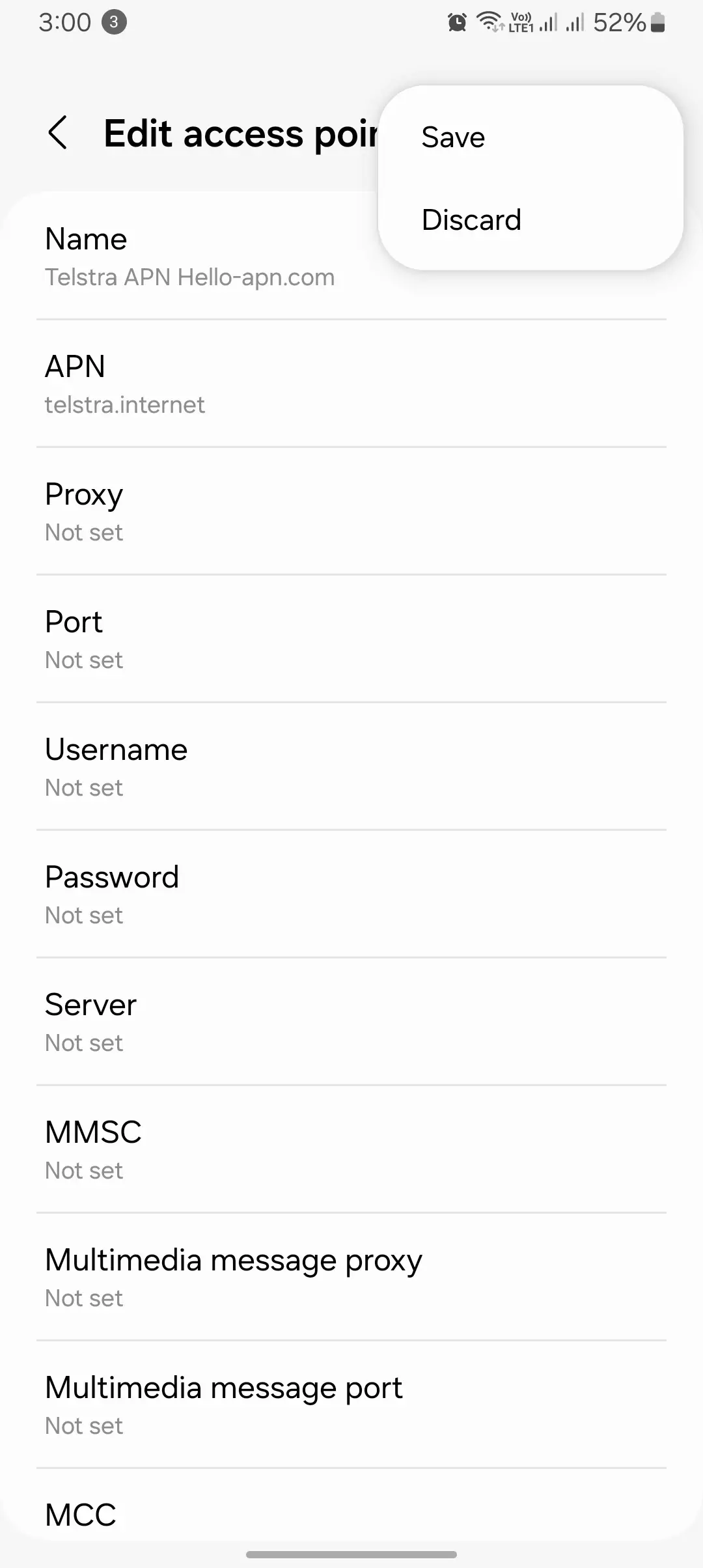 screenshot of a configured settings for the telstra with save and discard button