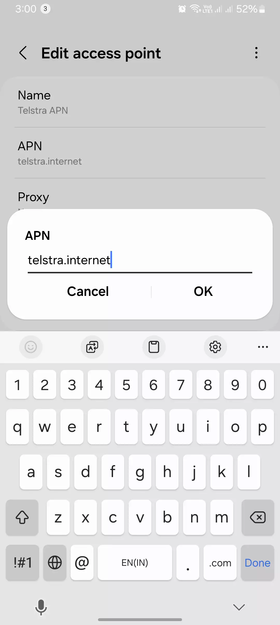 screenshot of adding the apn value into the settings for the internet on the telstra