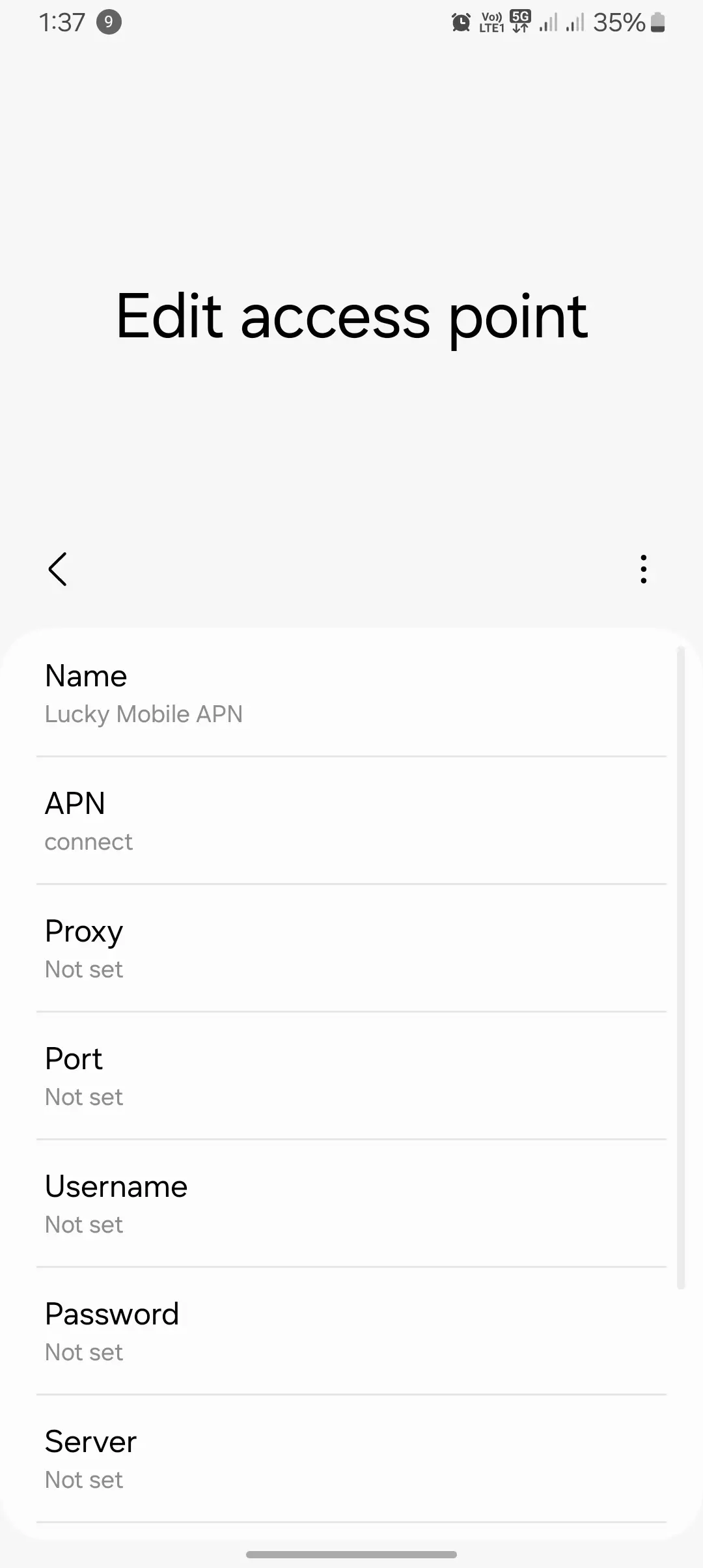 screenshot of edit access point menu with configured lucky mobile