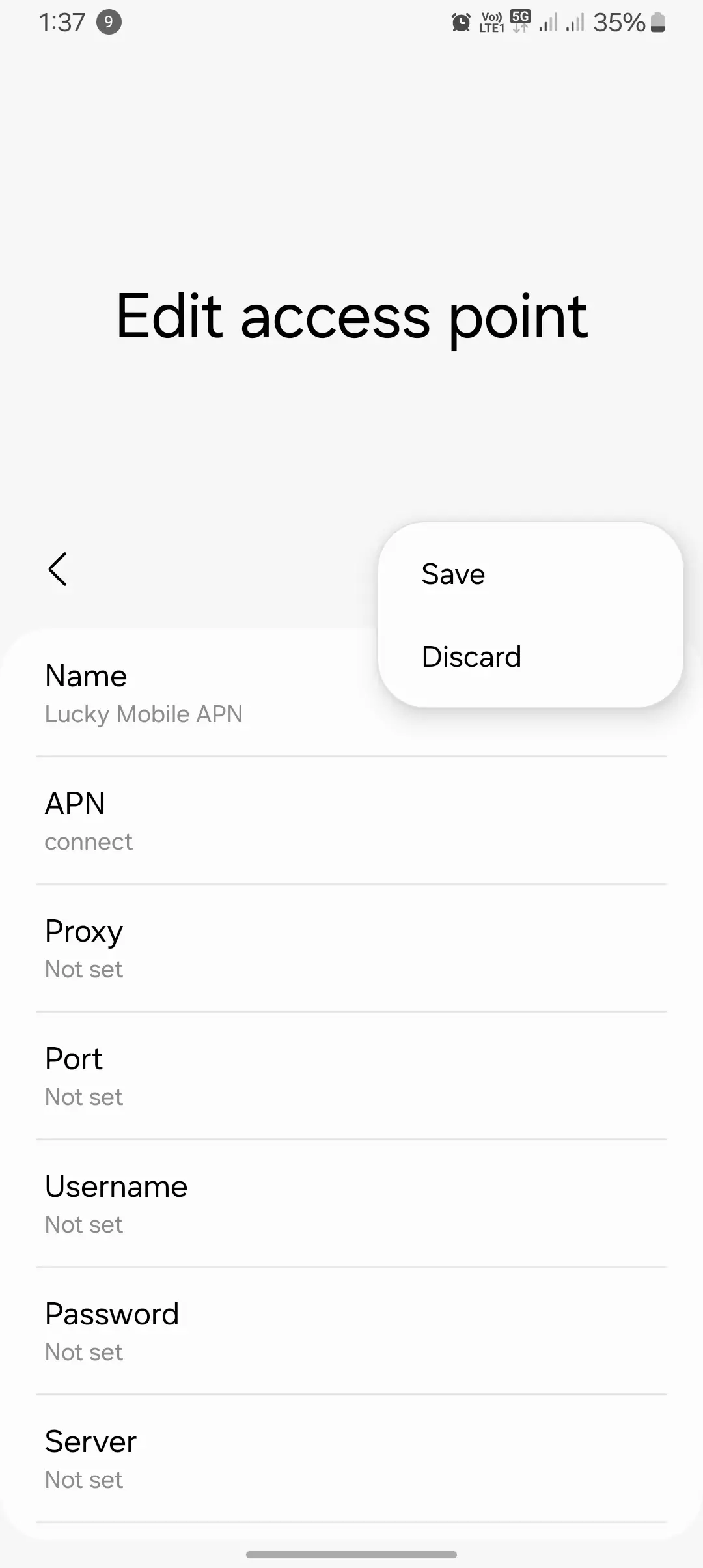 screenshot of edit access point with save and discard button for lucky mobile